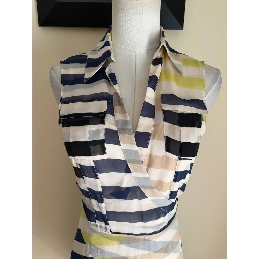 Diane von Furstenberg DVF Silk Striped Wrap Dress Navy Pink Sleeveless Size 2